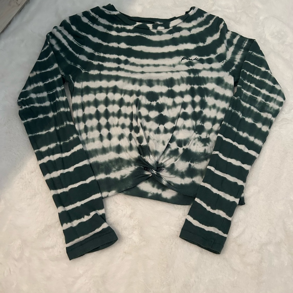 Victoria’s Secret PINK Women’s XS Green and White Striped Long Sleeve Shirt